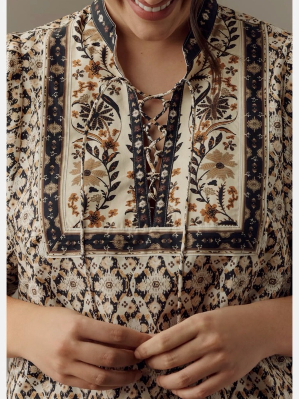 NWOT Anthropologie Lace-Up Floral Peasant Top in Cream, Black and Tan Size L - Picture 3 of 7